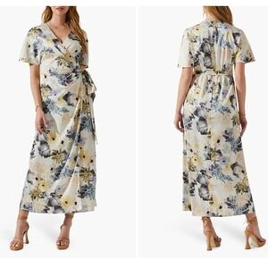 ASTR The Label Floral Satin Wrap Maxi Dress Charcoal Taupe Floral Womens M
